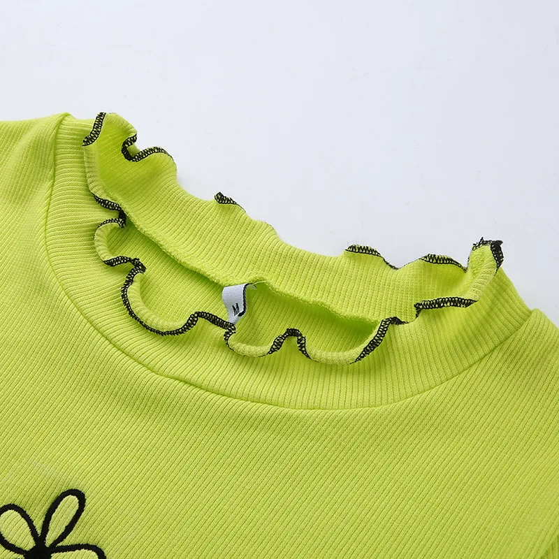 Харадзюку зеленая Цветочная вышитая укороченная футболка для женщин весна 2020