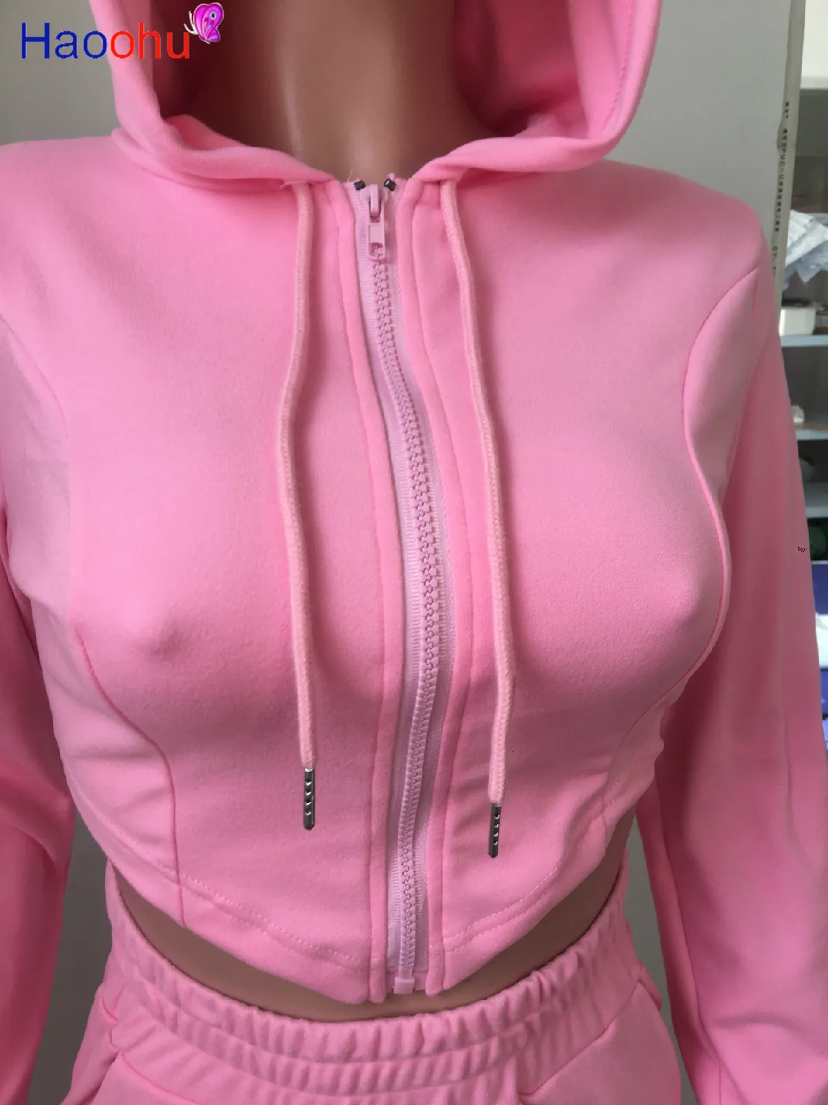 

HAOOHU Two Piece Set Long Sleeve Zip Hooded Jacket Top skinny Pants Tracksuit Women Fall Winter Clothing Matching Sets