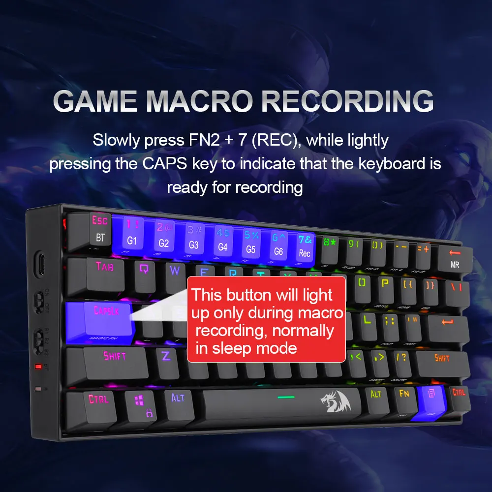 

Redragon Draconic K530 RGB Bluetooth 5.0 wireless USB 2.4G Dual mode Mechanical Gaming Keyboard Tea axis 61 Keys for PC Russian