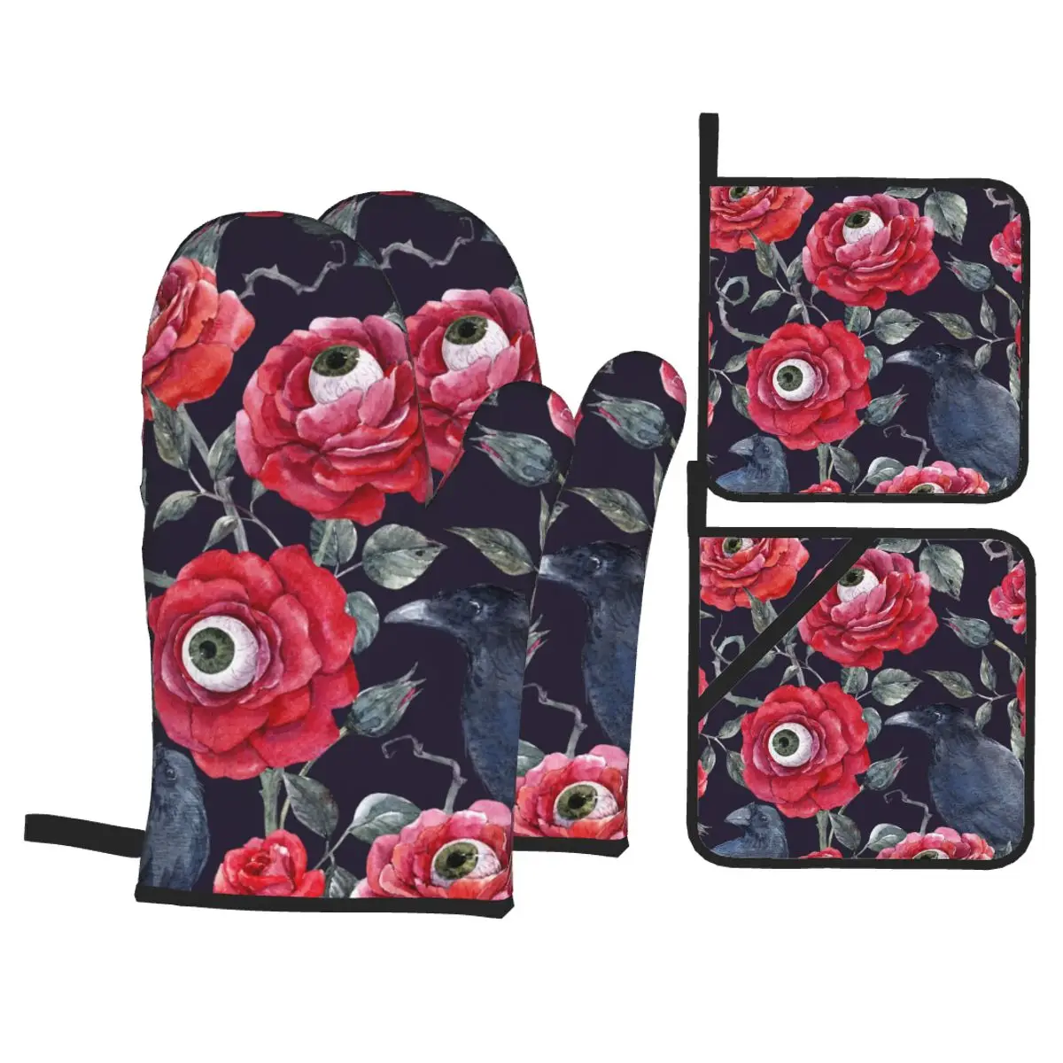 

4 шт. перчатки для духовки, варежки, розы для Хэллоуина с глазным яблоком, вороны, кухонные перчатки, поднос, искусственная выпечка, изоляция, ...