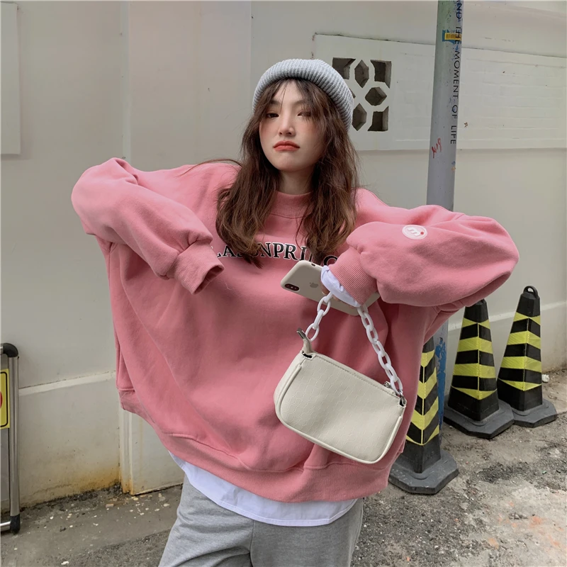 

Letter Embroidery Fleece Sweatshirt Autumn And Winter New Korean Style Loose Long Sleeve Pullovers For Women