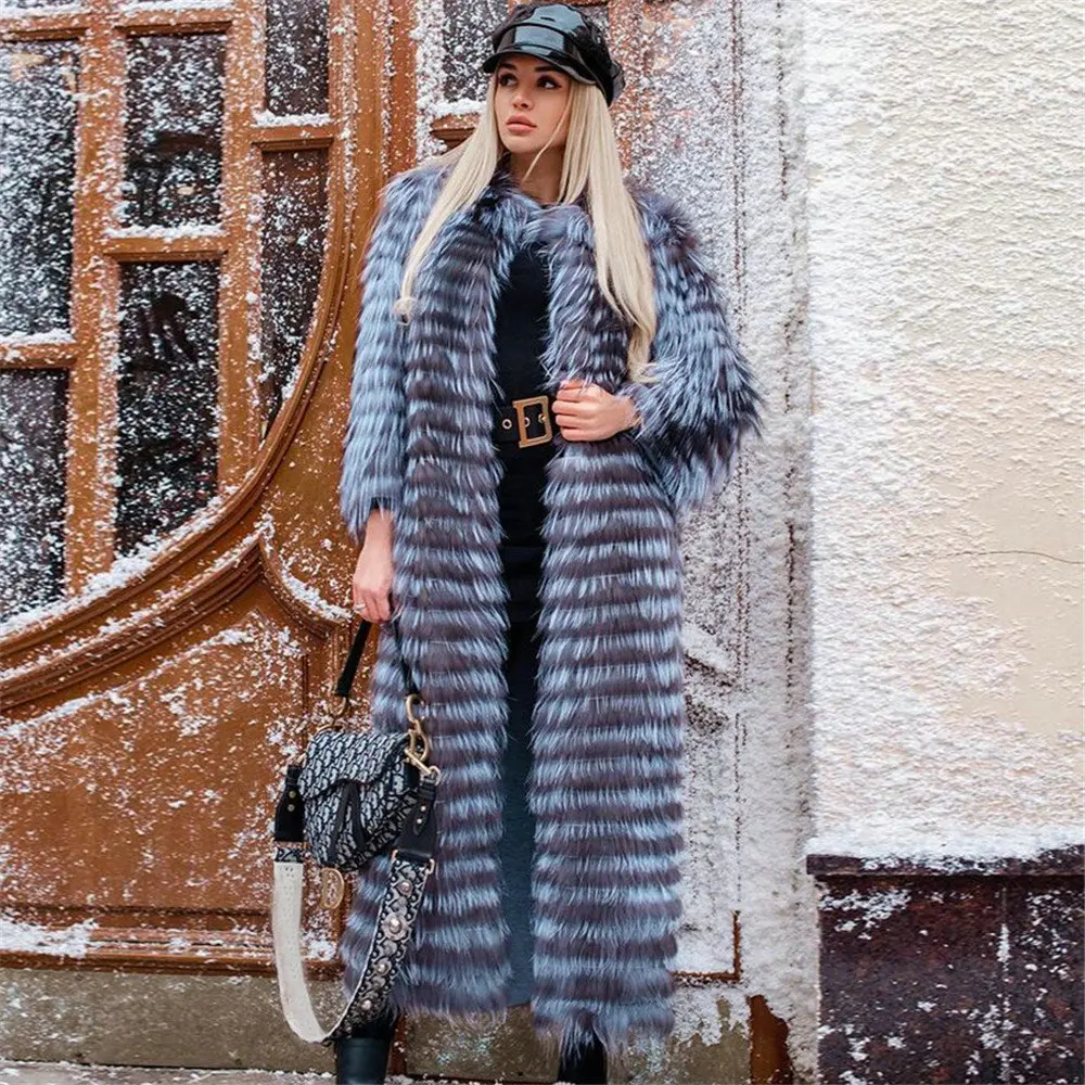 120cm X-long Real Silver Fox Fur Coat With Round Collar Winter New Trendy Genuine Leather Natural Silver Fox Fur Coats Female