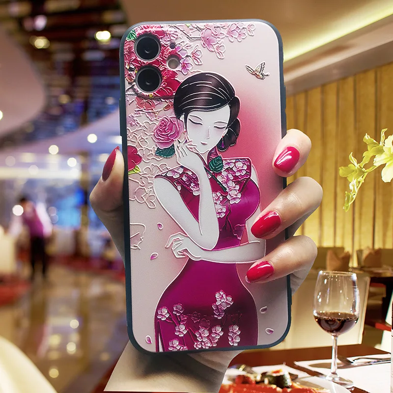 

3D Embossed Chinese Style Soft Case For iPhone 11 12 Pro Max Mini 7 8 6 6S Plus XR X XS MAX Cheongsam Creative Women Cover