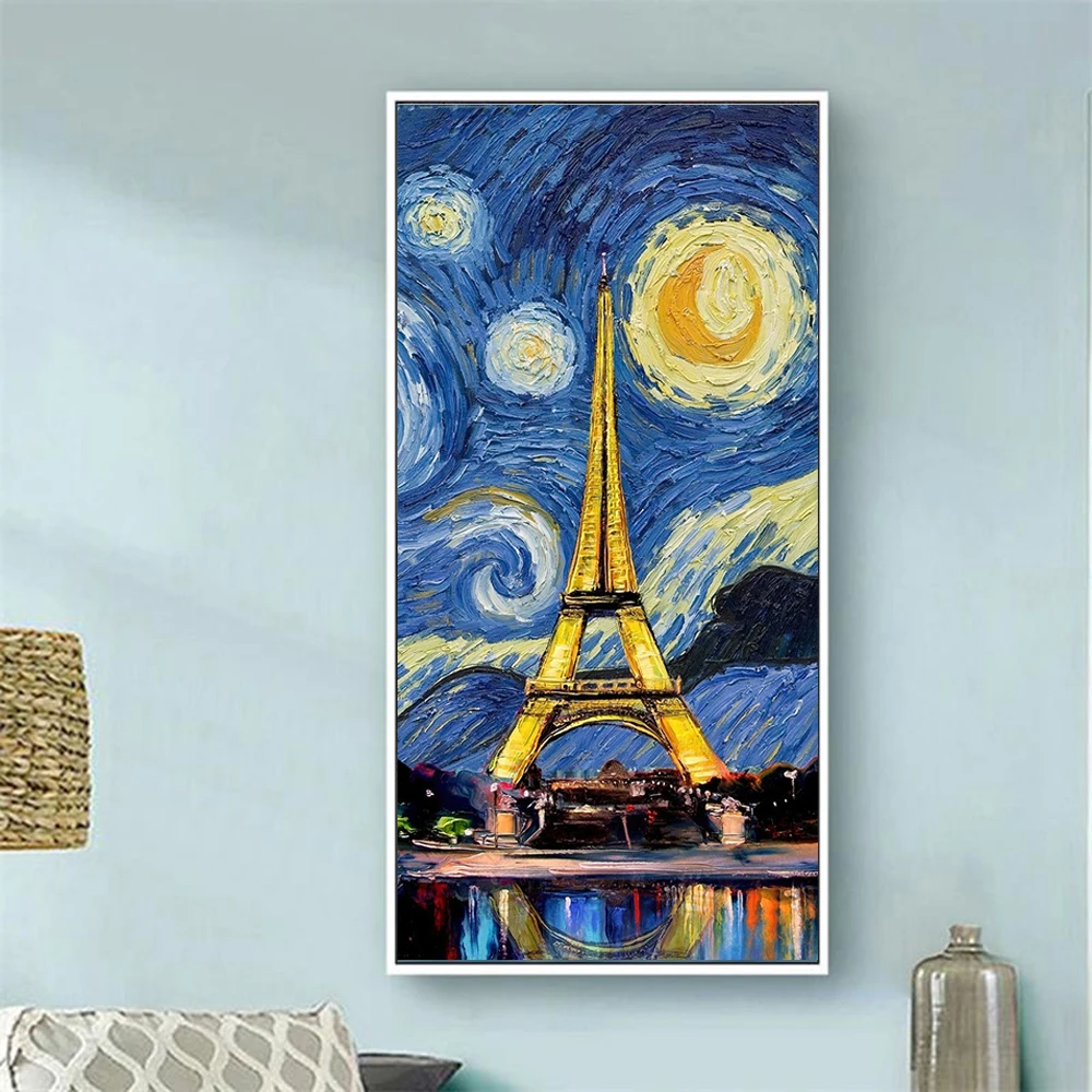 

Starry Night Abstract Canvas Painting Square Iron tower Famous Classic Wall Art Print Decor Picture Modern Living Room Unframed