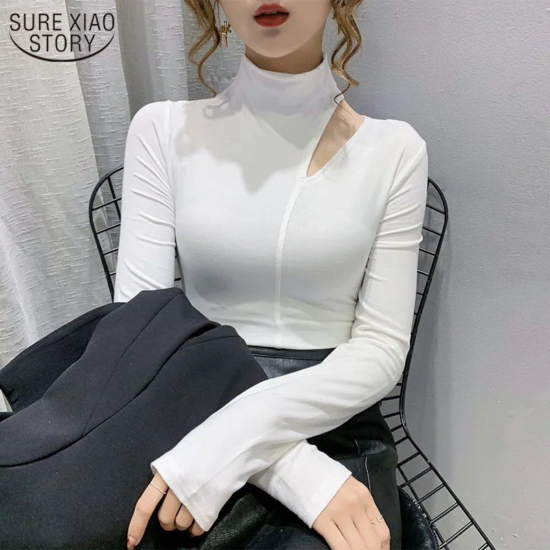 

Autumn and Winter 2021 New Women's Turtleneck Bottoming Shirt Collarbone Hollow Out Top Long Sleeve Women's Blouse 12138