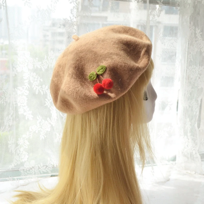 

Meng Meng Da Cherry Sauce Japanese-style Mori Girl Handmade PURE Wool Felt Painter Cap Beret Sweet Beret Women