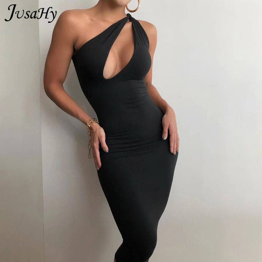 

JuSaHy Solid Cut-out Hollow Midnight Clubwear Maxi Dresses Inclined Shoulder Birthday Outfit for Women Slim Bodycon Party Dress
