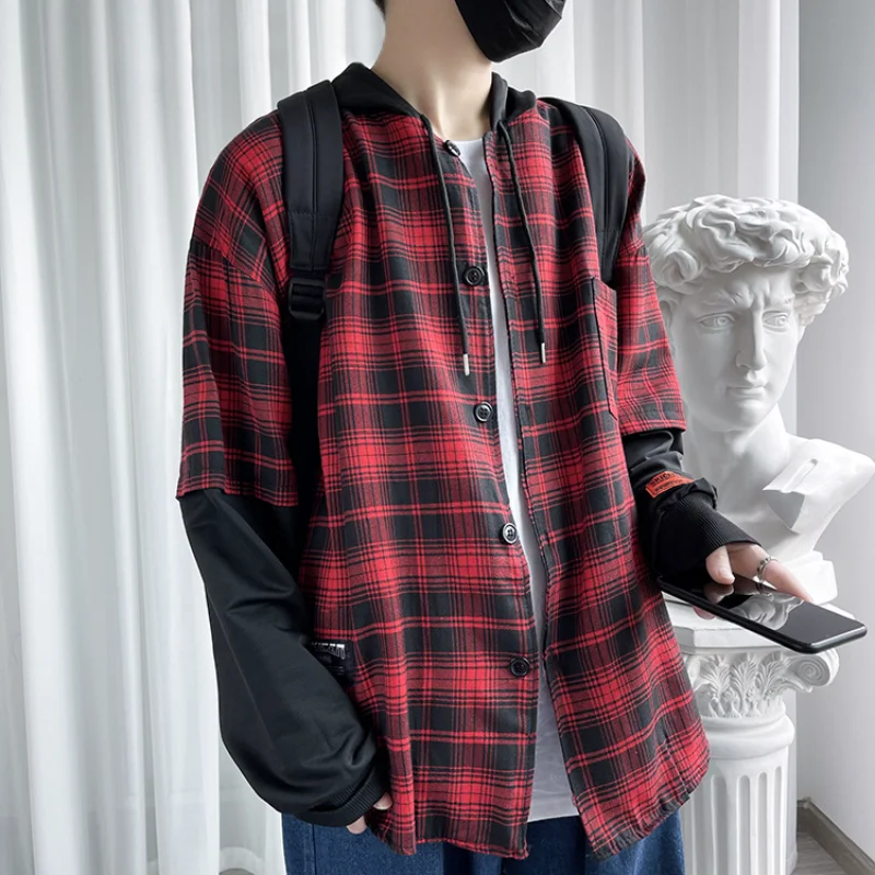 

LUCLESAM Men Korean Plaid Hoodie Mens Streetwear Casual Fake Two-piece Hooded Sweater moletom masculino sudaderas hombre