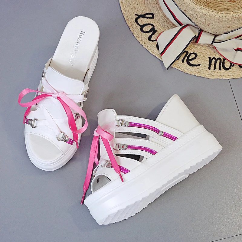 2020 женские шлепанцы Босоножки на танкетке 11 см Туфли платформе Мягкие кожаные с