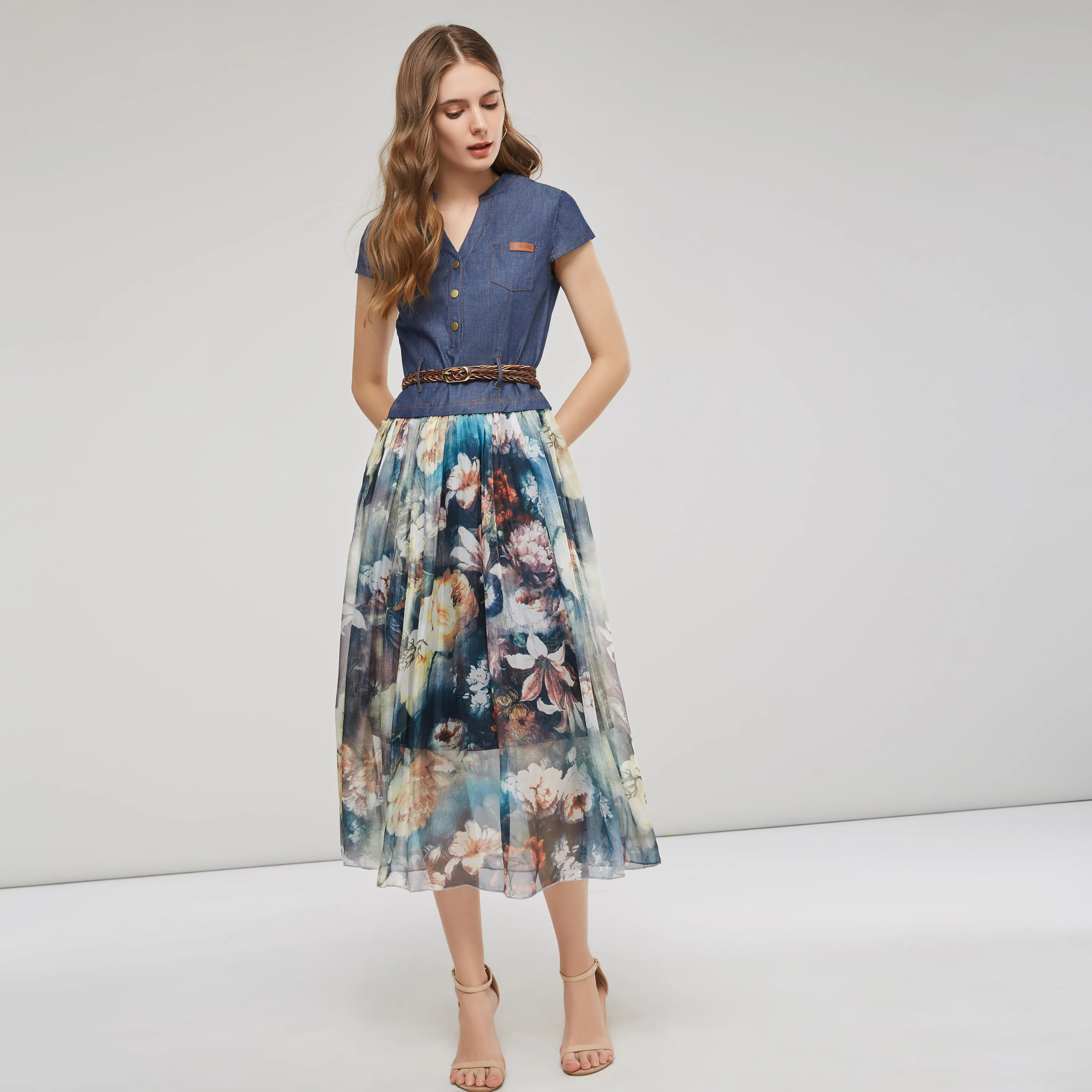 

Women Casual Dress Denim Chiffon Patchwork Floral Print Short-sleeve V-neck Vintage A-line Fall Fashion Female Maxi Long Robe