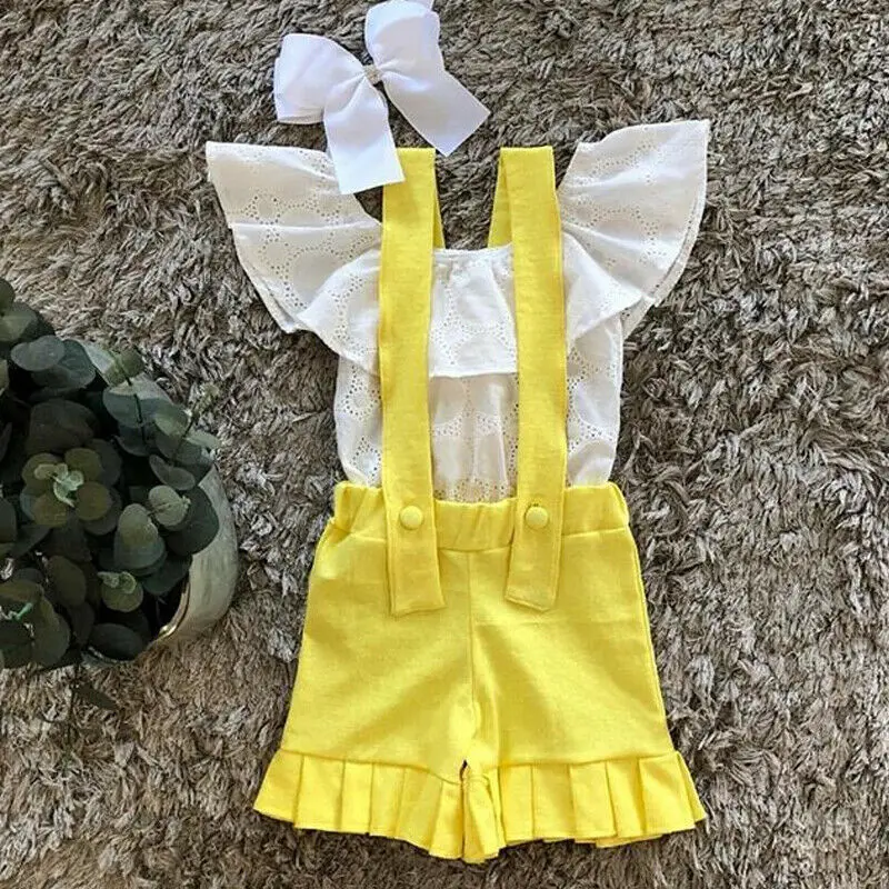 Одежда для маленьких девочек топы с оборками без рукавов + желтые шорты