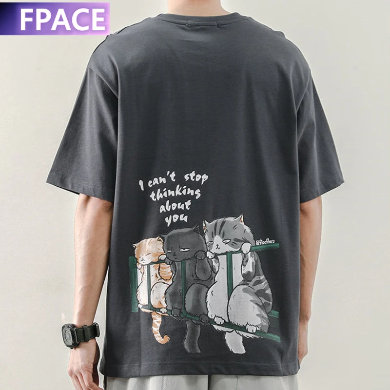 

FPACE 2021 Man Shirt Casual Tshirt Homme O Neck Boys Clothes Summer Top Tees Kitten print T Shirt Funny Male Casual Tees