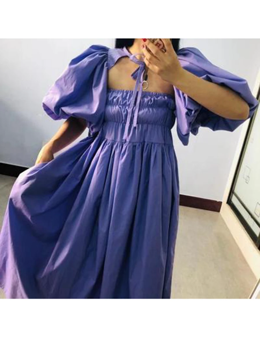 

SuperAen French Small Shawl Large Puff Sleeve Strapless Bra Big Swing Sweet Solid A Line Dress Long Female Summer Two Piece Suit