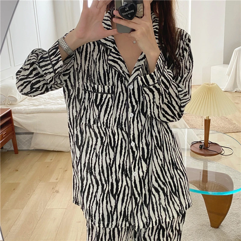 Spring And Autumn Pajamas Set 2021 Latest Style Women's Family Clothes Zebra Pattern Pajama Women Femme Ete Trouser Suits | Женская