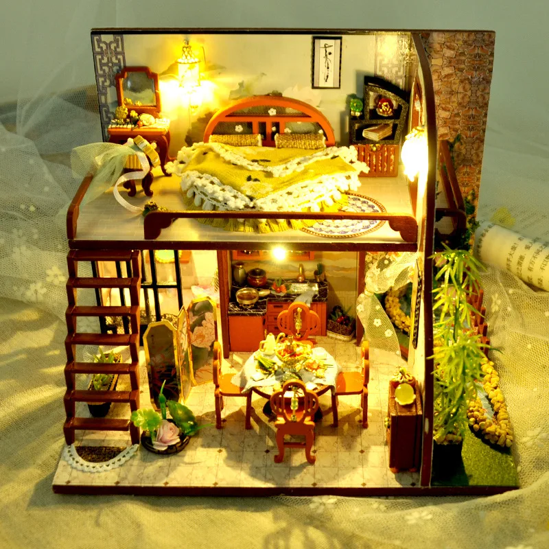 Новый DIY чердак деревянный кукольный домик миниатюрная мебель со светодиодным