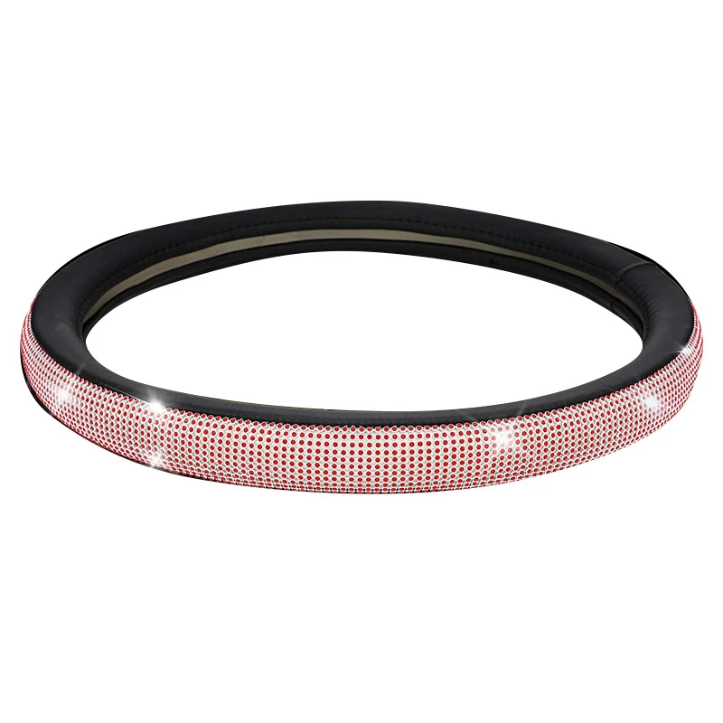 

Diamond Leather Steering Wheel Cover Rhinestones, Universal Fit 15 Inch Anti-Slip Wheel Protector (Red)