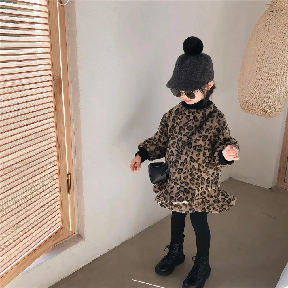 

Girls Autumn Winter Long Sleeve Dress Fashion Kids Leopard Grain Ruffles Clothes Toddler Girls Thick Velve Party Dress 1-7 Years