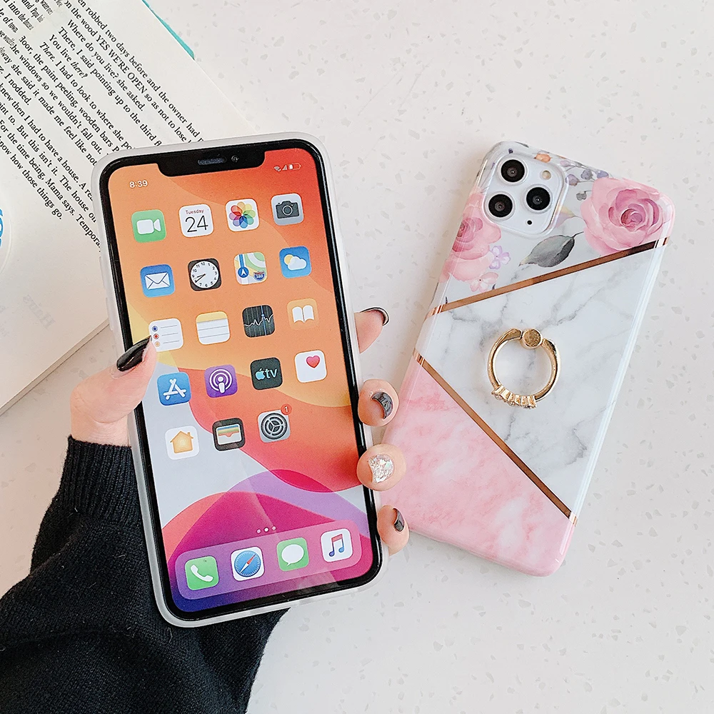 Чехол для телефона с мраморным кольцом держателем в стиле ретро iPhone 12 Mini 11 Pro Max XR X