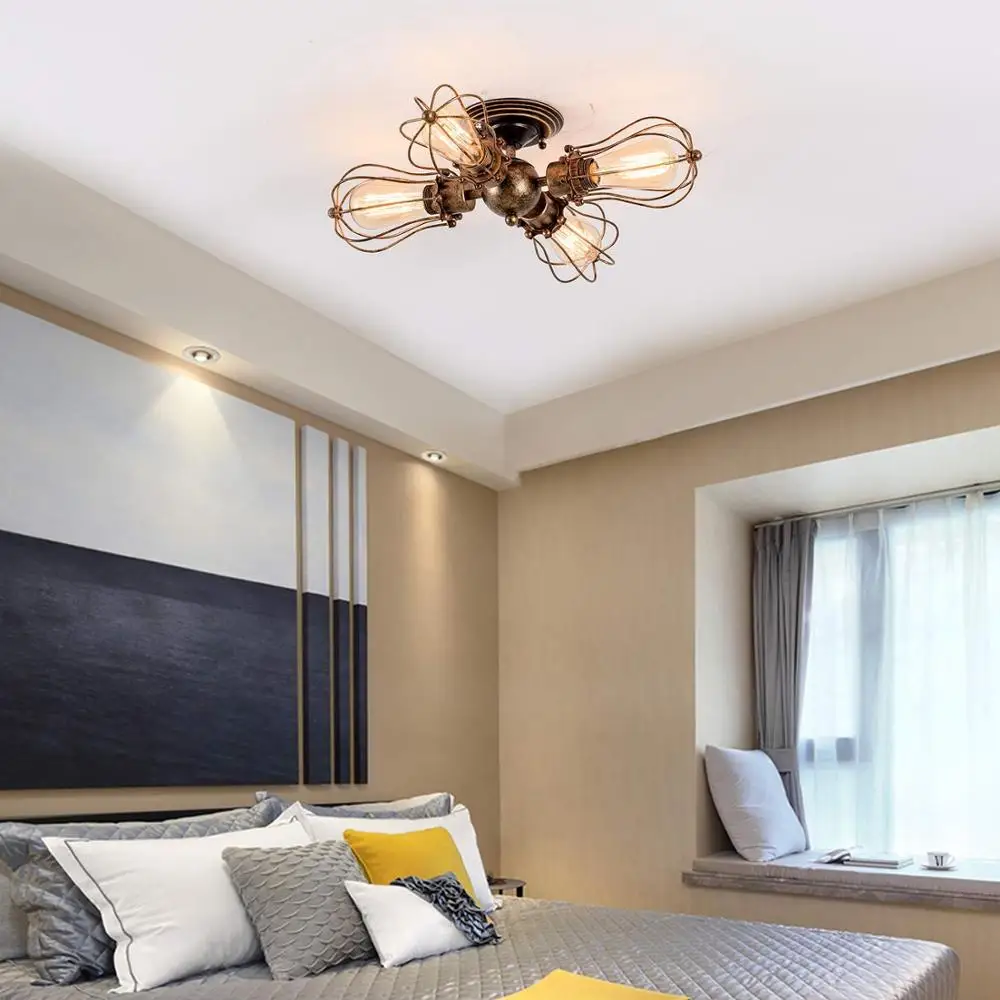 

E27 Ceiling Lights Fixture Vintage Loft Black Iron Cage Led Ceiling Lamp Nordic Metal Light for Kitchen Dining Bar Bedroom Decor