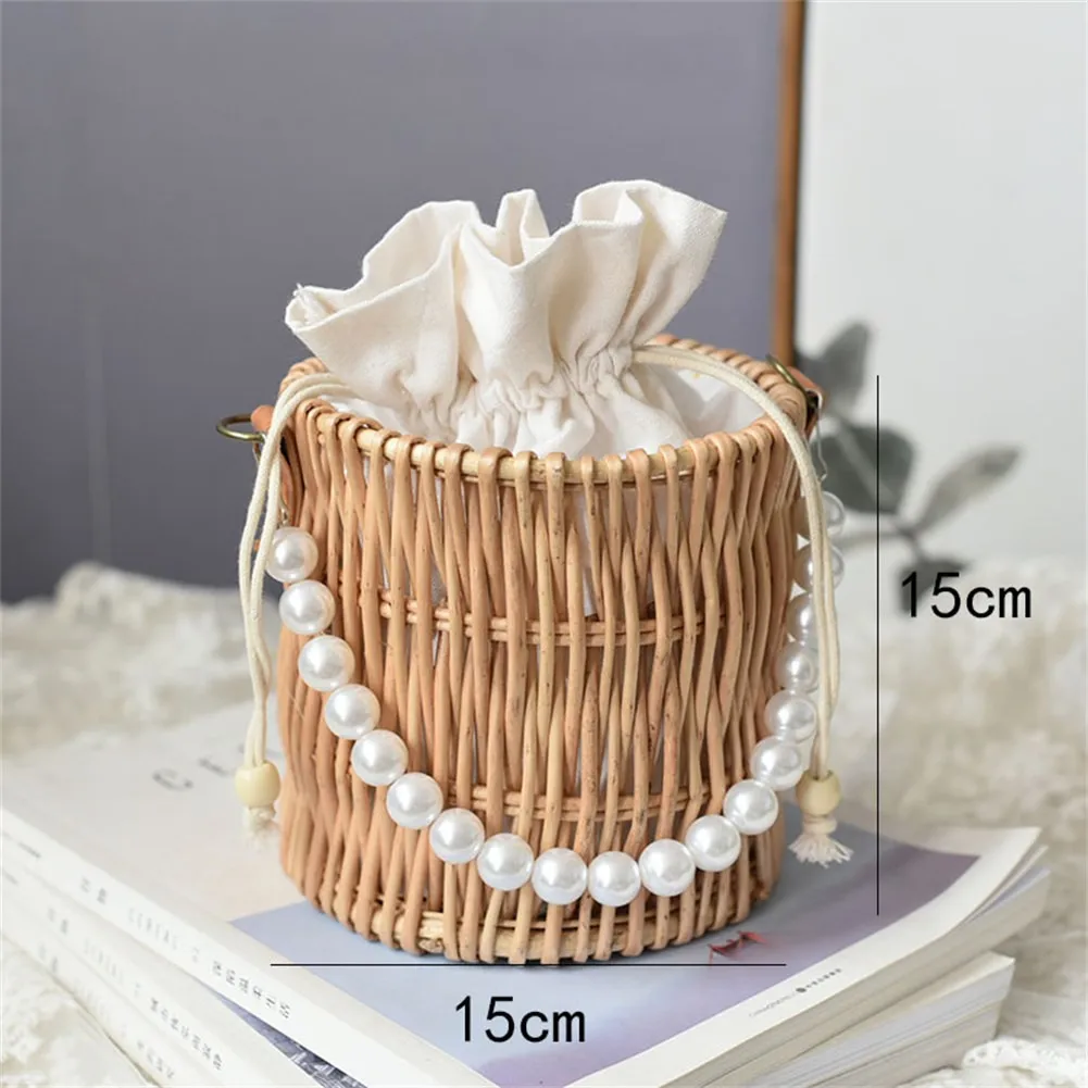 

Round Woven Bags Pearl Rattan Woven Handbag Bag Portable Simple Woven Basket Female Shoulder Crossbody Bag