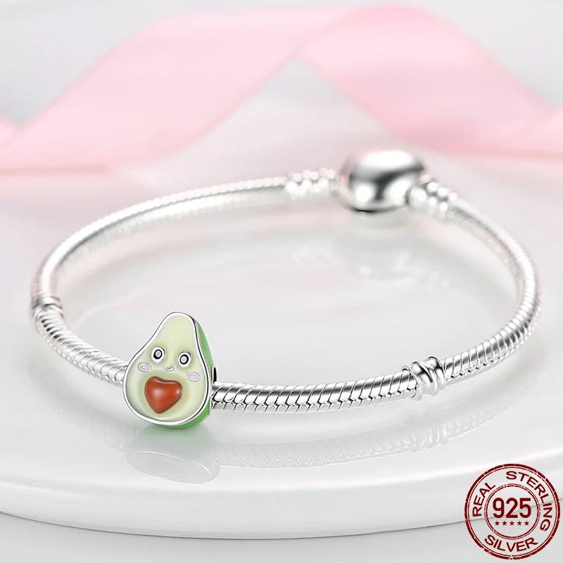 Qikaola silver color Jewelry Green Enamel Avocado Fruit Charm for Original Silver Bracelet Women Making C129 | Украшения и
