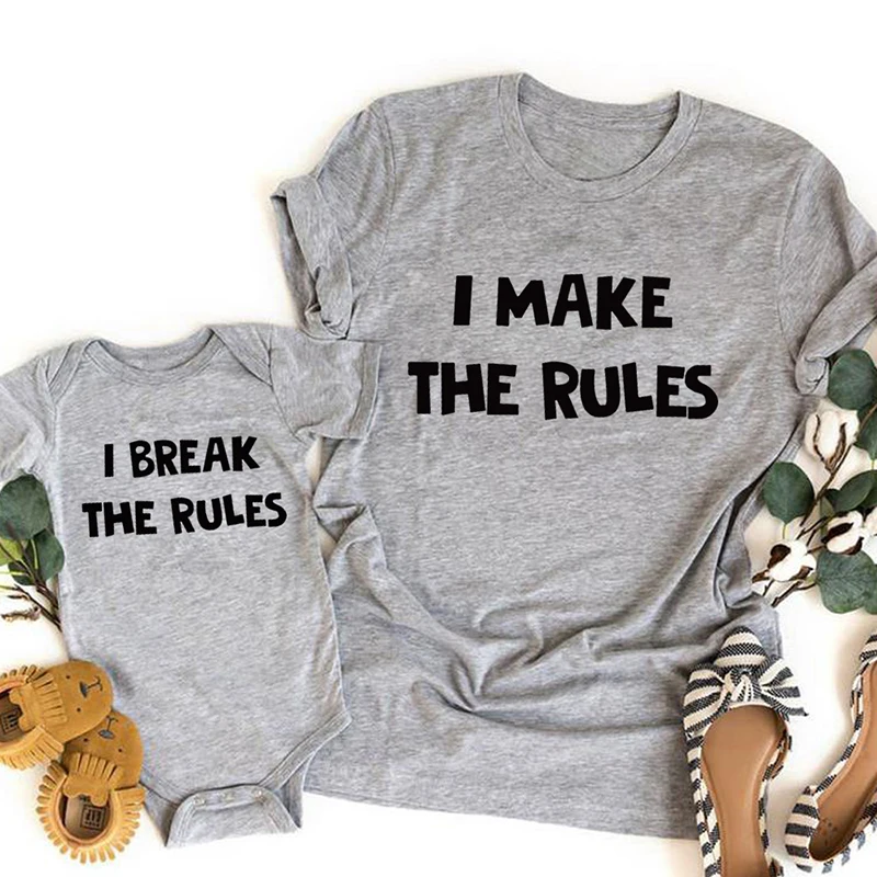 Ropa a juego para la familia, Camiseta de algod&oacute;n de aspecto familiar, pap&aacute;, mam&aacute;, ni&ntilde;os, beb&eacute;, I MAKE RULES I BREAK RULES, camiseta de aspecto familiar-2