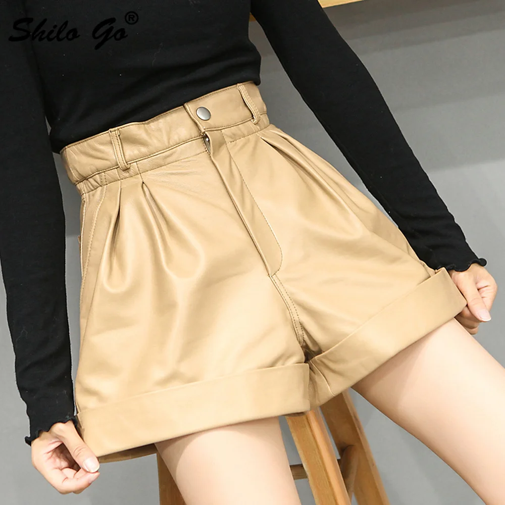 

High Waist Single Button Black Wide Leg Mini Shorts Womens Winter Casual Streetwear Genuine Leather Shorts Sheepskin Shorts