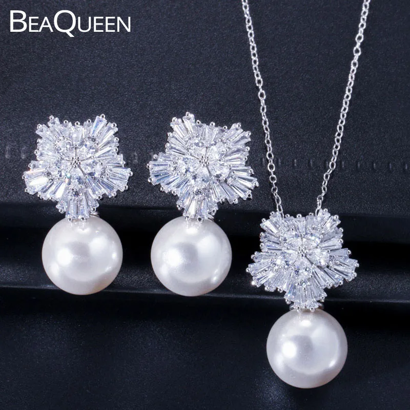 BeaQueen Мода белый золотой цвет дамы подарок кубический циркон камень серьги кулон