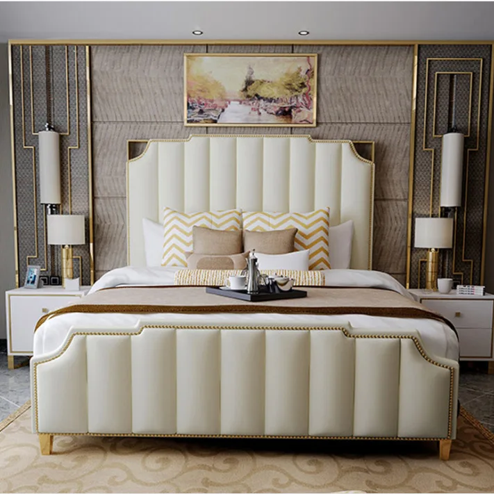 Кровать из натуральной кожи простой современный светильник роскошная