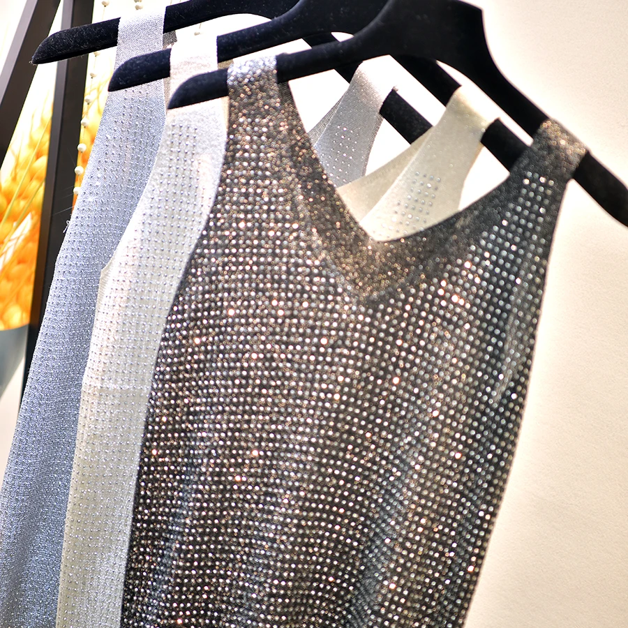 Summer New Fashion Camisole Tanks T Shirts Women Heavy Ironing Hot Drilling Knitting Tops Underwear Inner Female Base Top | Женская