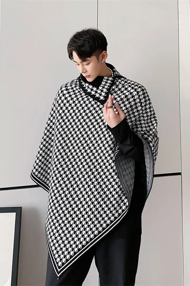 

IEFB black white Plaid print Cloak Knit Sweater Men's Fashion Pullover kintwear Tops loose oversized irrgular clothes 9Y4686