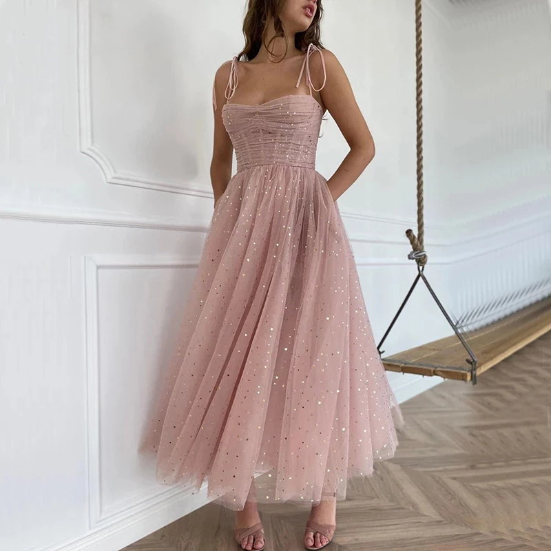 

AE912 Sparkly Blush Prom Dresses 2021 Spaghetti Straps Pleated Tulle Short Evening Dresses Strapless A-Line Formal Gowns
