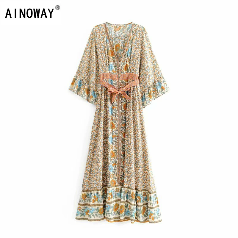 Винтажный шикарный женский однобортный пляжный Богемный Макси Сарафан с