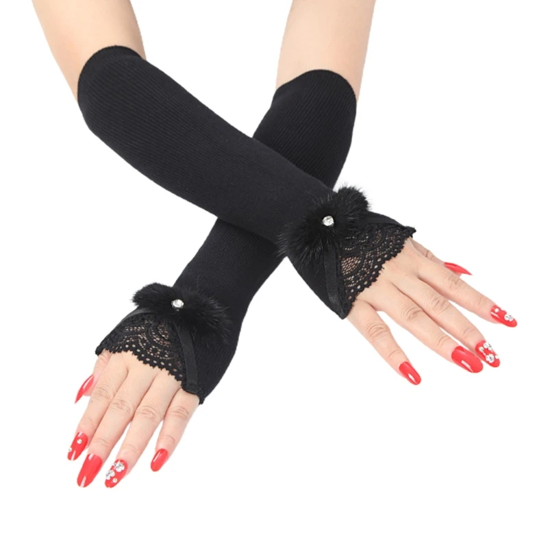 

Women Winter Ribbed Knitted Thermal Arm Warmers Sleeves Lace Rhinestone Furry Bowknot Stretchy Long Fingerless Gloves
