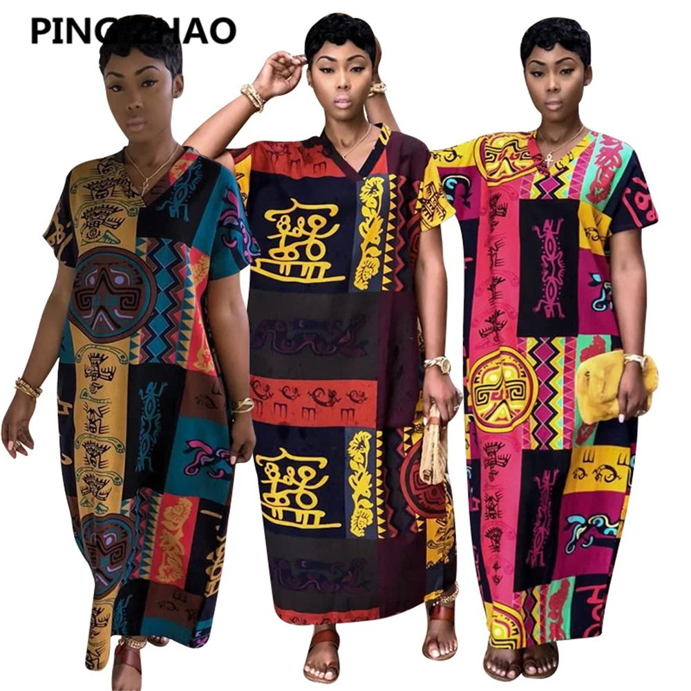 Платье женское свободного покроя до щиколотки с V образным вырезом и коротким