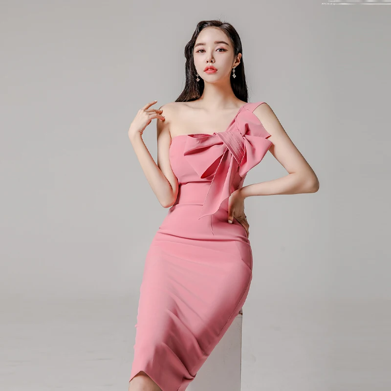 

Women Elegant Sexy Bow One-Shoulder Split Strapless Party Evening Slim Dress