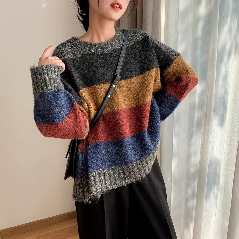 

2020 Fashion Winter Pullover Loose Striped Knitted Thickened Round Neck Sweater Women