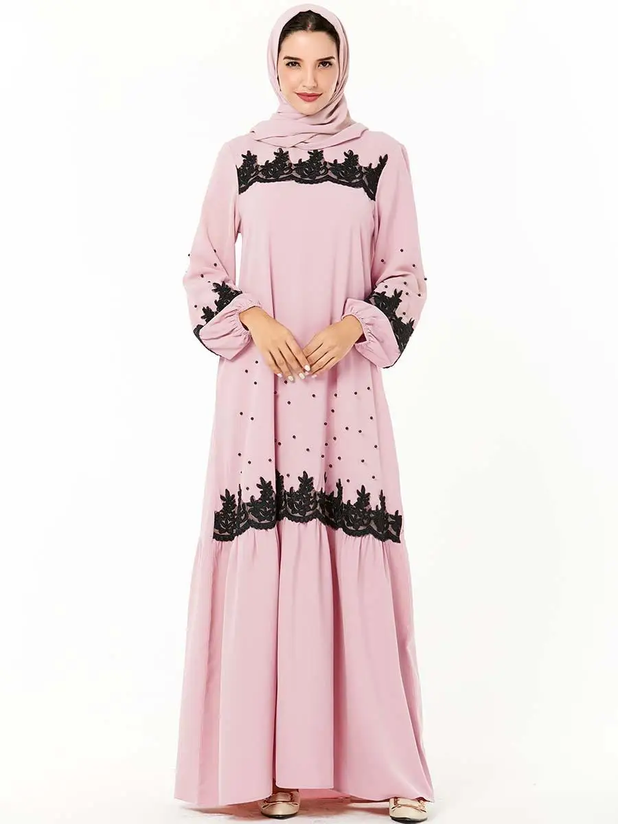 

Abaya Dubai Beads Long Dress Muslim Women Loose Maxi Kaftan Jilbab Islamic Robe Appliques Pink Dress Elegant Long Sleeve Gown