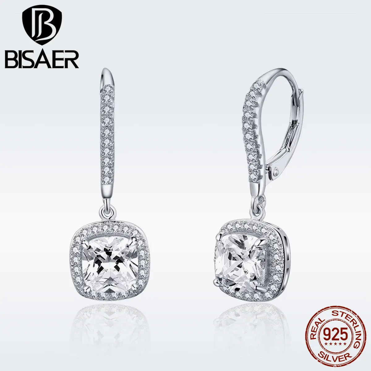 BISAER 925 Стерлинговое Серебро Роскошные висячие серьги с кубическим цирконием для женщин режим Свадебные ювелирные изделия Brincos GXE520