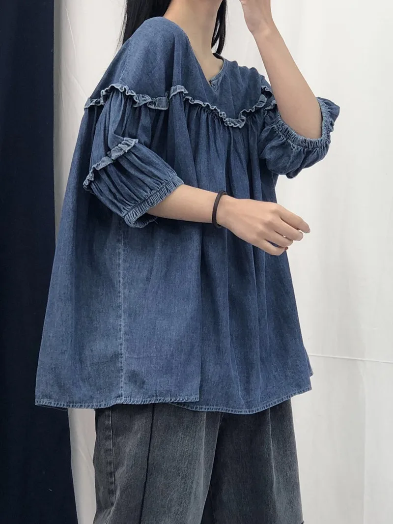 Женские топы больших размеров летние весенние мягкие хлопковые джинсовые