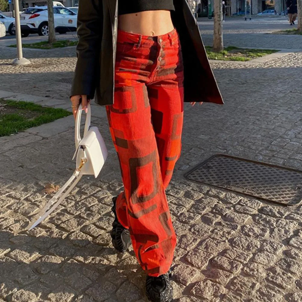 

ZOVSV Print Vintage Long Trousers Women Casual Elegant Straight Pants Capris Summer Fashion Red Skinny Joggers Streetwear