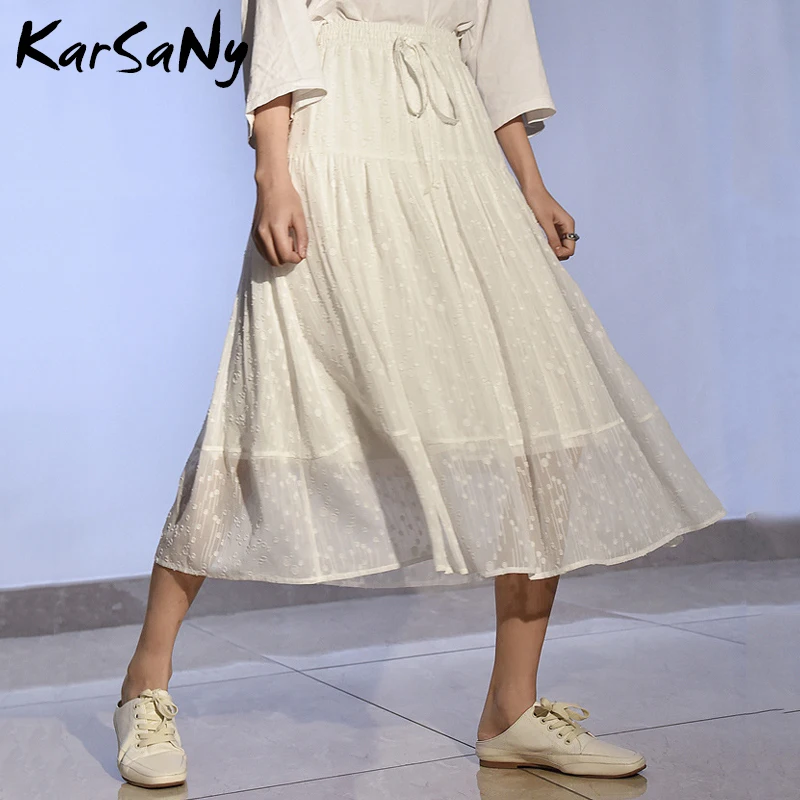 Женская длинная юбка из тюля белая офисная на шнуровке трапециевидная макси