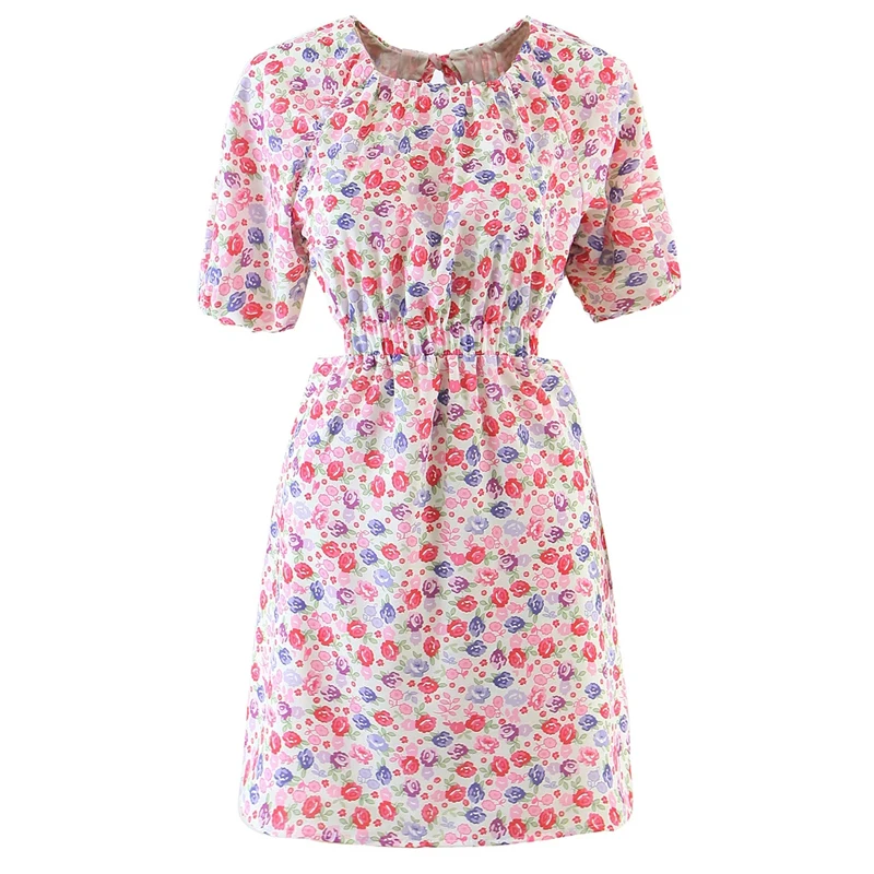 

Summer Women's Dress 2021 O-Neck Floral Print Hollow Waist Lace-Up Back Mini Dresses Boho Beach Party Puff Sleeve Dress