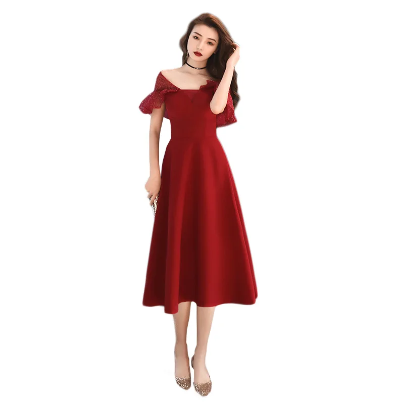 

Women Burgundy Elegant Bridal Wedding Dresses Sweet Exquisite Diamonds Banquet Gown Temperament Evening Party Dress XS-3XL