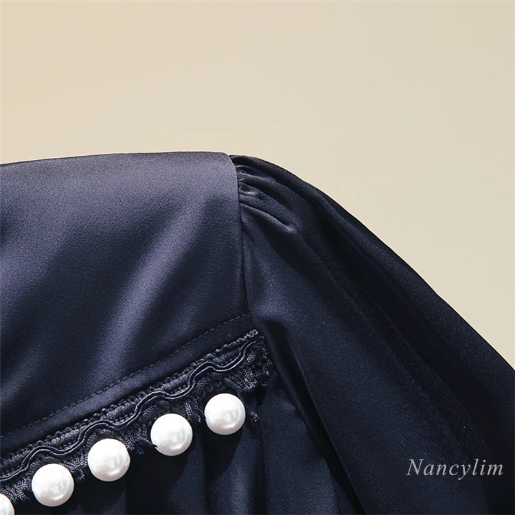 Big Pearl Beaded Blouse for Women Long Sleeve V Neck Short Satin Shirt Business Lady All-Match Slim Fit Blusas White Black