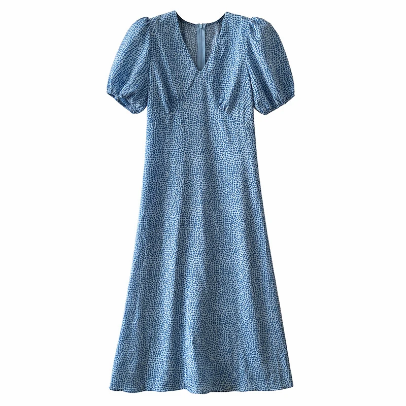 

Sister Fara New Ladies Slim Waist Female A-line Midi Dress V-neck Puff Sleeve Draped Floral Print Dress for Women 2021 Summer