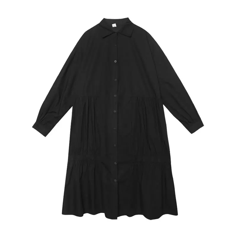 

XITAO Spring New Dress Fashion Pleated Splicing Casual Loose Solid Color Turn-down Collar Women Simplicity All-match ZY5972