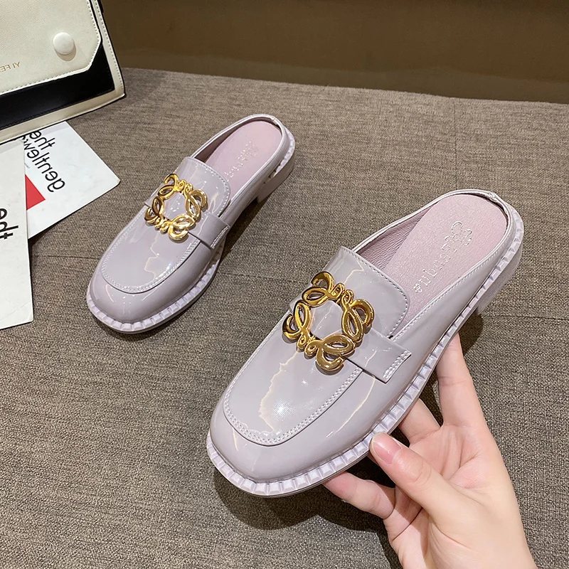 

Women Slippers Fashion Slip on Ladies Square Heel Casual Shoes No Heels Woman Holiday Beach Footwear Patent Leather Female