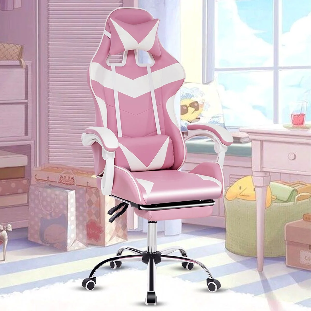 

Office computer chair, game chair, pink, leather, desk, Internet, coffee, game chair, home and office
