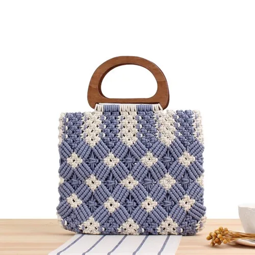 Factory Wholesale 2021 New India Style Female Fashion Spring Wooden Handle Handbag Geometric Pattern Knitting Tote Bag